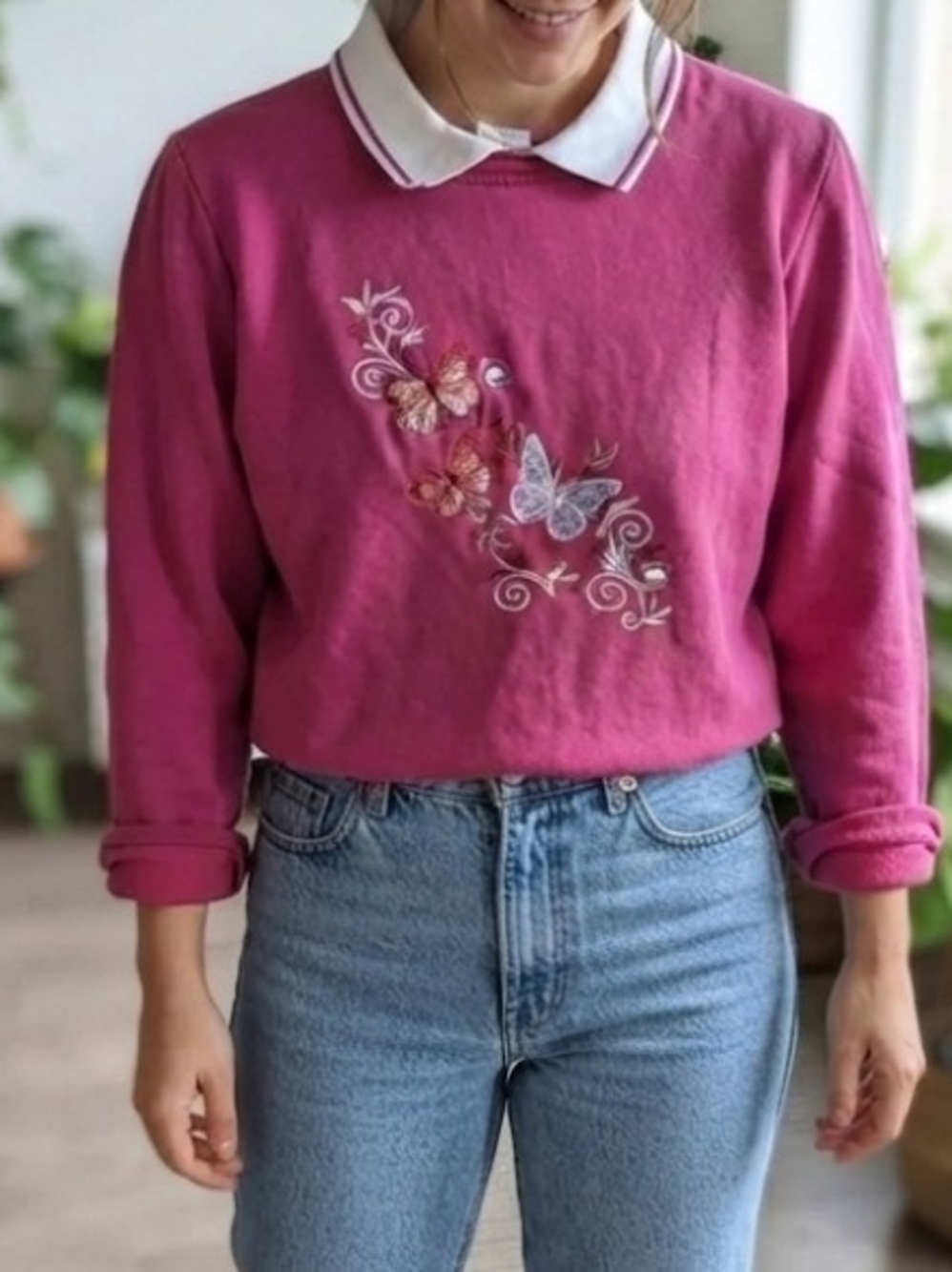 Vintage 90s Adrian Delafield Pink Butterfly Embroidered Collared Sweatshirt Sz M